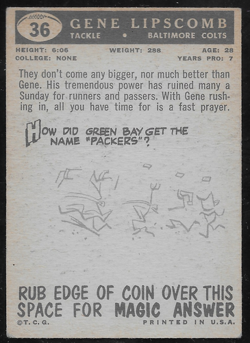 1959 Topps #36 Gene Lipscomb RC Baltimore Colts Excellent+! - Photo 2/2