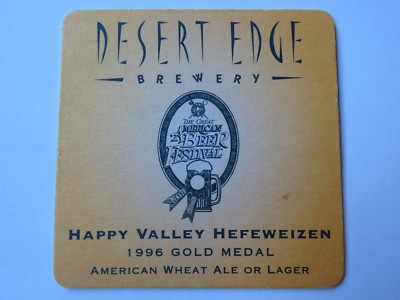 Beer Bar Coaster ~ DESERT EDGE Brewery Happy Valley Hefeweizen ~ Salt Lake City