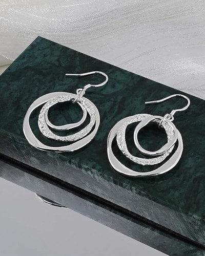 Sterling Silver Dangle Earrings – Lightweight Boho Geometric Circle Design - Picture 2 of 6