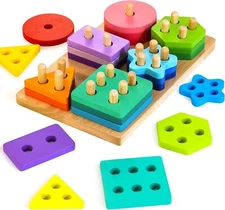 Montessori Sorting & Stacking Toys Geometric Blocks & Word Cards for Toddlers