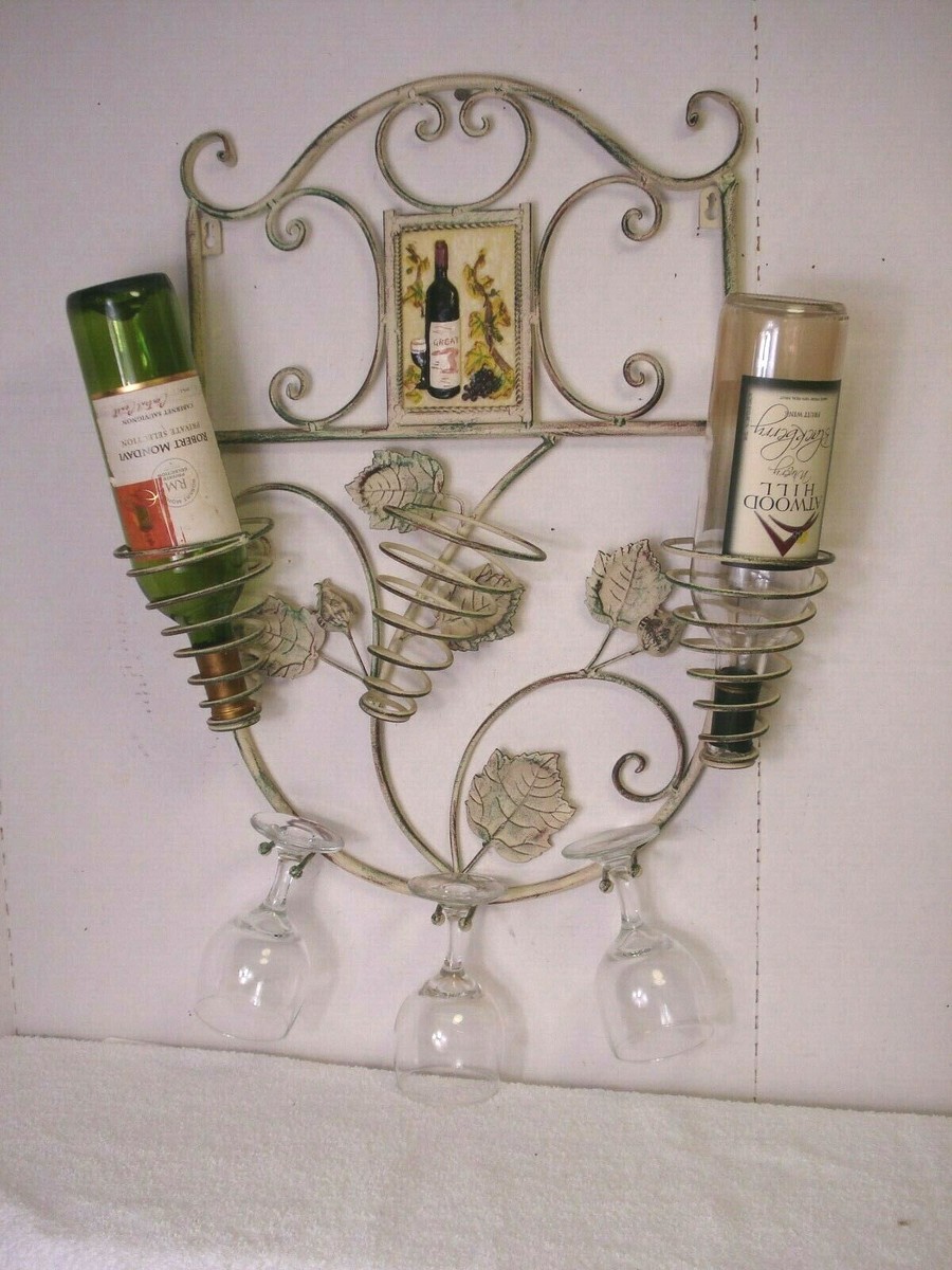 3-Bottle Wall Mount Wire wrought Iron spiral Metal leaf Wine glass Rack  Hanging