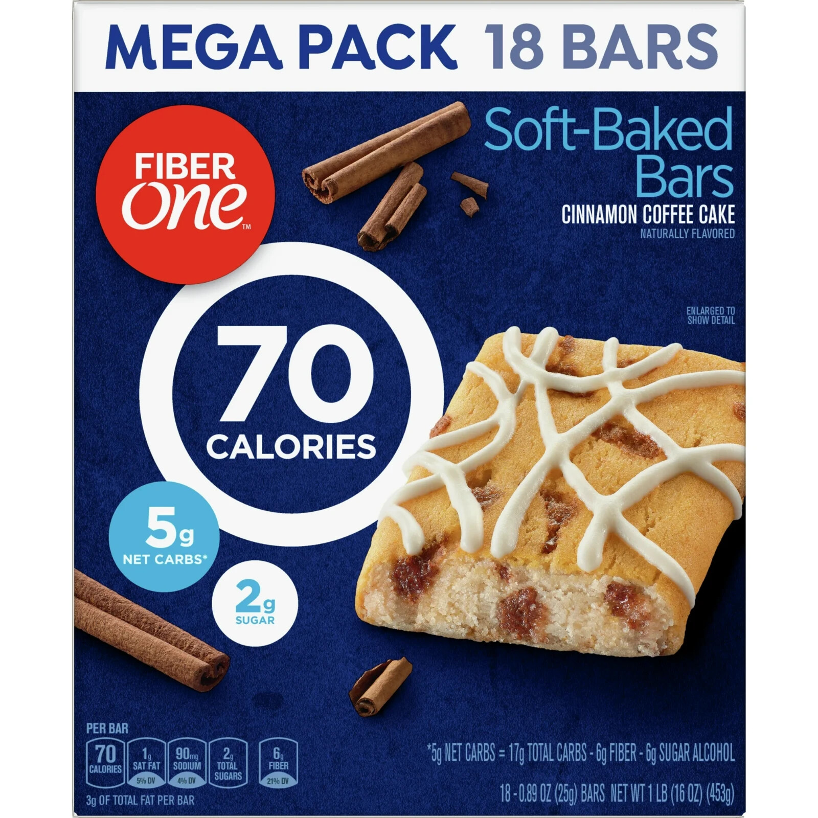 Fiber One 70 Calorie Soft-Baked Bars, Cinnamon Coffee Cake, 18 Ct
