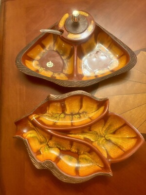 Vintage  2 Pc California Pottery Sequoia Ware Divided Dishes, Chip And Dip.
