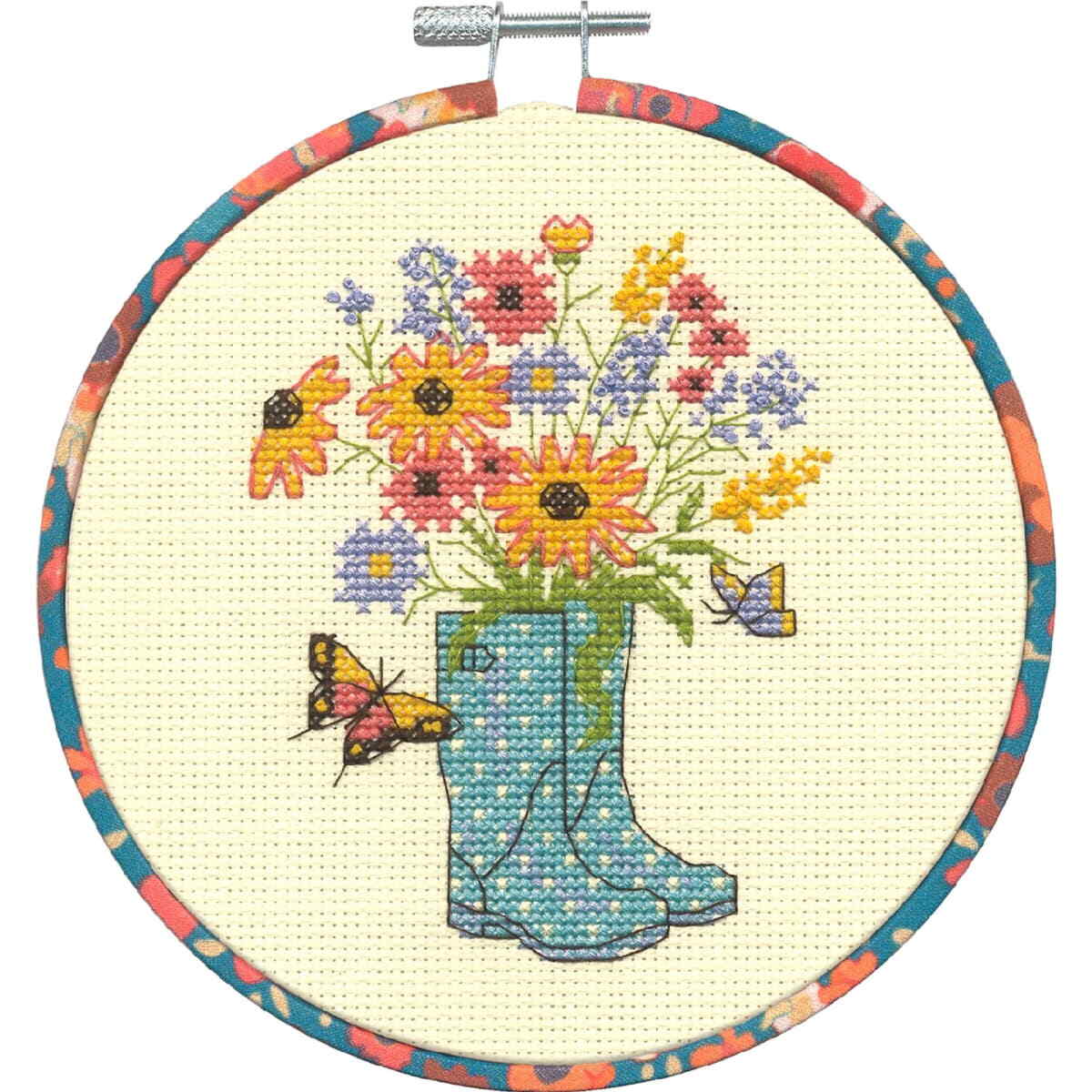Dimensions counted cross stitch kit with hoop ""Floral Boots"", Diam. 15,2cm, DIY
