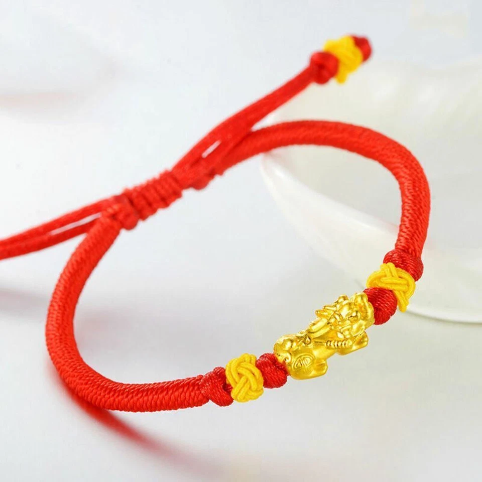 Brazalete de oro amarillo 999 24K 3D artesanal Pixiu hecho a mano con cordón rojo de la suerte Foto 4 de 4
