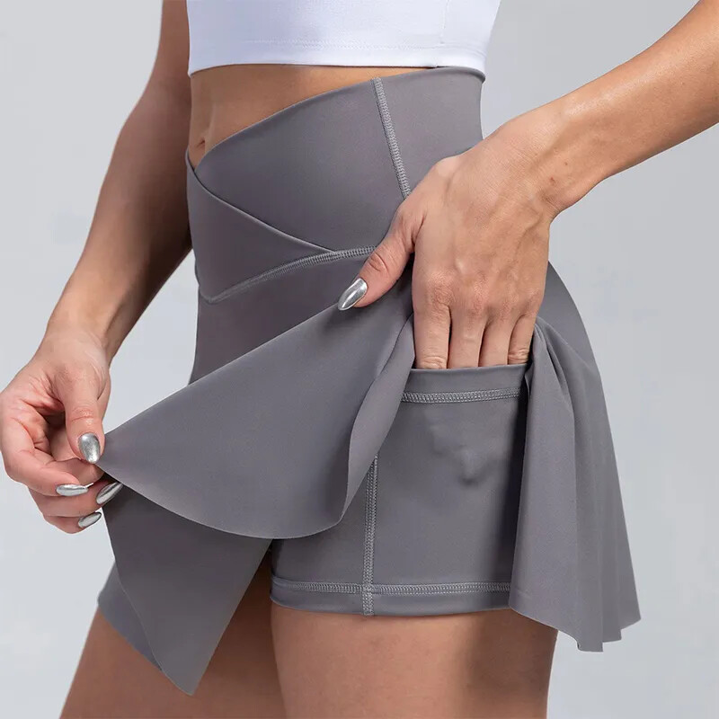 Pleated Tennis Skirt with Pockets Shorts Athletic Skirts Crossover High Waisted