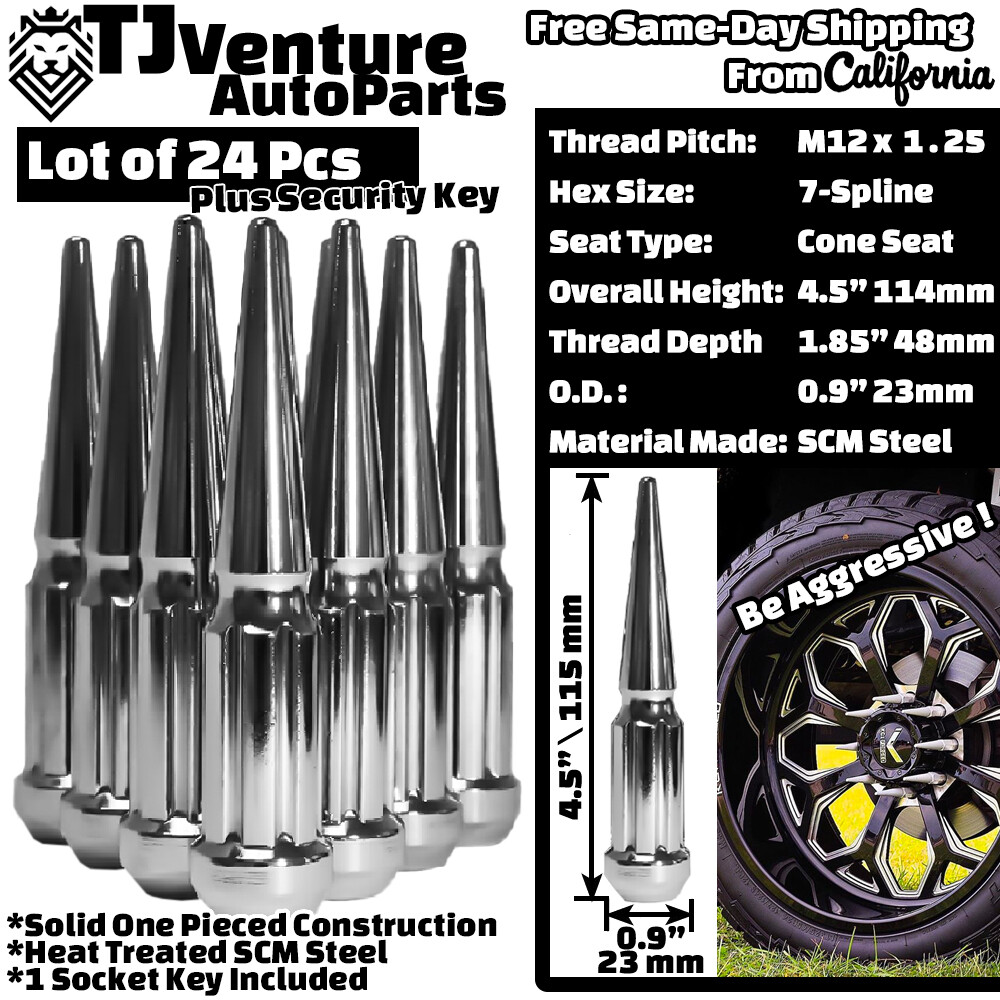 20-Piece Chrome Spike Lug Nut Kit With Key – M12x1.25 Thread, Spline Drive – Fits Nissan, Infiniti & More