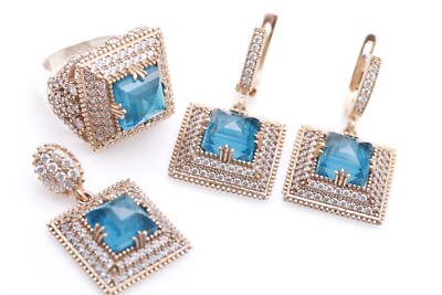 Türkischer handgefertigter Schmuck quadratische Form Prinzessin geschnittene Form ozeanblau Topas Set