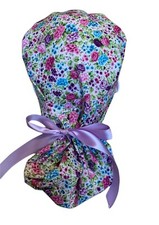 Flower Medical Scrub Cap - Ponytail- Buttons - Nurse Hat SATIN LINED