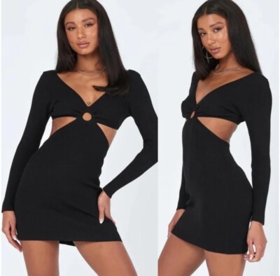Princess Polly Lucia Black Ribbed Long Sleeve O Ring Cutout Mini Dress M/L  | eBay