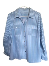 Notations Women’s Long Sleeve Shirt L Blue Striped V-Neck Button Roll Tab