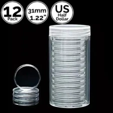 12 Pack 1.22 31 mm Coin Capsule Holders w/ Tube Fit 4 US Half Dollar