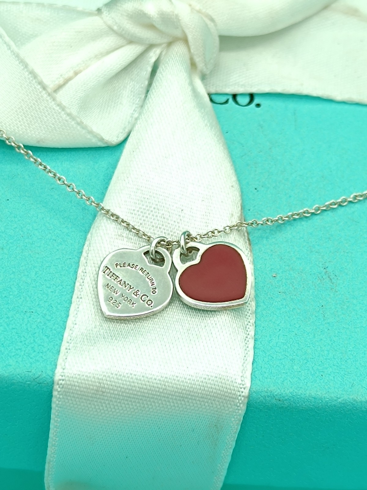Return To Tiffany & Co Red Enamel Silver Double Mini Hearts Necklace 18" 