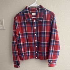 Women's Flannel Plaid Button-Up Shirt Red Blue White Collared Long Sleeve Cotton