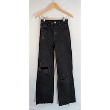 ZARA High Waisted Wide Leg Distressed Jeans Faded Black Ripped Raw Hem Size 2 in