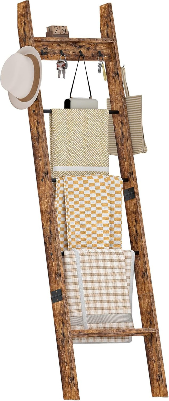 5-Tier Blanket Ladder, Wooden Blanket Display Rack, Towel Ladder with Hooks, Wal