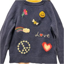 Mini Boden Sweater Girls 7-8Y Blue Embroidered Patches Sunshine Colorful