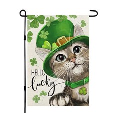 St Patricks Day Cat Garden Flag Hello Lucky 12x18 12"x18" Green-St Patrick