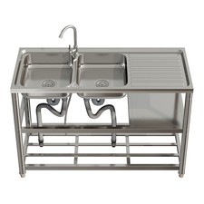 Commercial Kitchen Sink Stainless Steel Catering Double Bowl Work Table &2 Shelf