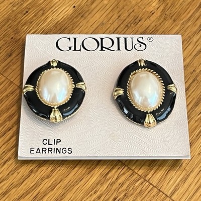 Vintage NOS Glorius Black Gold & Faux Pearl Oval Clip-on Earrings
