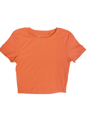 Orange Ribbed Crop Top Women Size S Short Sleeve Basic Stretch