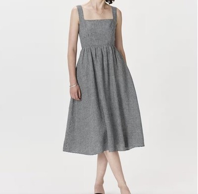 Quince Medium 100% European Linen Fit & Flare Midi Dress Black White Check $168