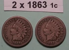 two 1863 INDIAN HEAD US COPPER ONE CENT COINS ONE is GOOD, and ONE is  VERY GOOD