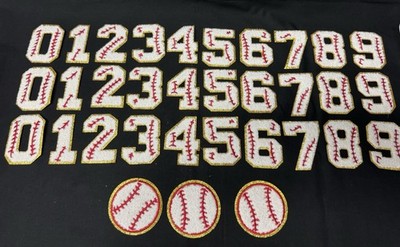 White Chenille Baseball Iron On Number Patches With Gold Border 4 Sets Of 33 