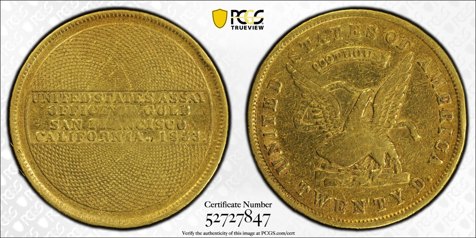 1853 US Assay Office of Gold $20 Dollars "TWENTY D. 900 THOUS." PCGS VF Details