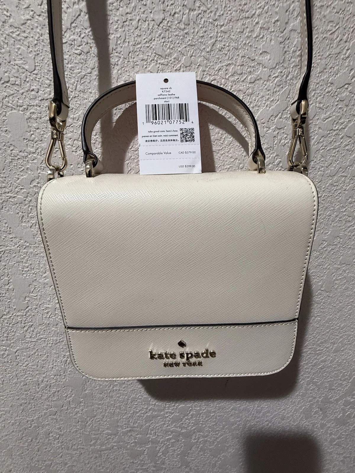 BORSA A MANO A TRACOLLA KATE SPADE AVORIO BOXY NUOVA CON ETICHETTE CON CINTURINO LUNGO