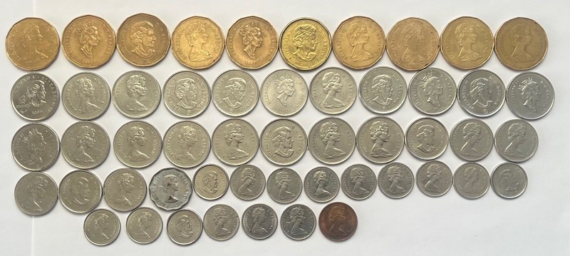 Canada Coins $1 Dollar (10X), Quarters (19X), 10 Cent (15X), 5Cent (7X), 1 Cent.