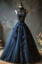 Navy Blue Victorian Long Prom Dresses Sheer Neck Lace Floral Applique High Neck