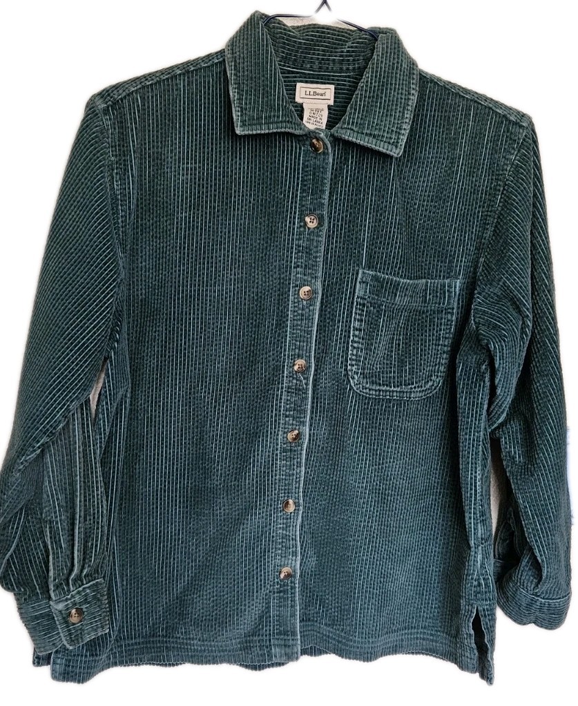 90s Mom L.L.Bean 100% Cotton Green Corduroy Collared Button-Up Long Sleeve