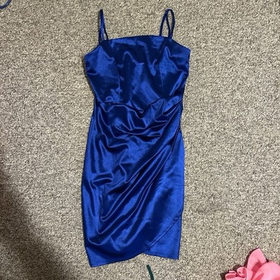Women's Blue Satin Ruched Bodycon Mini Dress Straight Neck Straps Size S