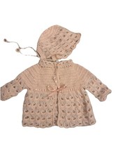 Vtg Baby Sweater Bonnet Hat Pink Handmade Knit Cardigan Granny Core Cradle