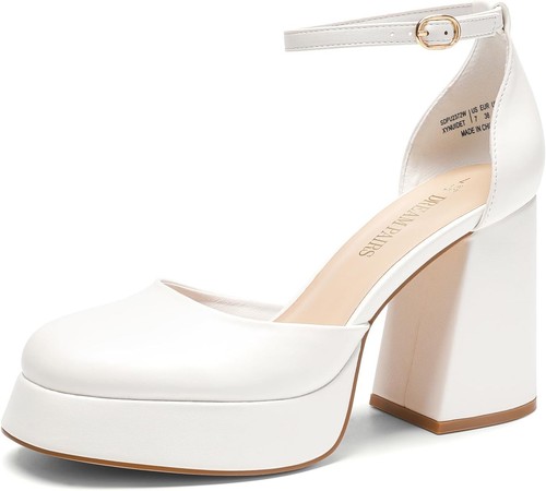 DREAM PAIRS Women's Chunky Platform High Heels Closed Toe Block 8, White-pu
