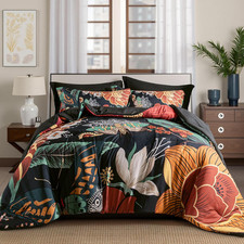 Black Boho Floral King Comforter Set - 3 Piece Farmhouse Botanical Bedding Comfo