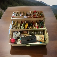 Vintage Plano 6302 Fishing Tackle Box With Over 100 Lures Flys Hooks Floats Lots