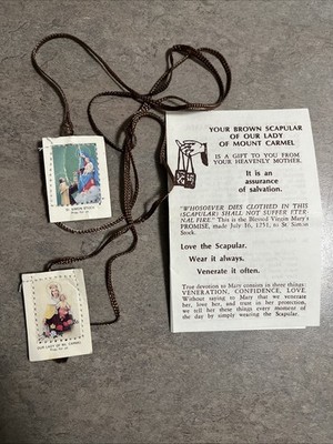 Vintage Brown Scapular Our Lady of Mount Carmel W Instruction Guide