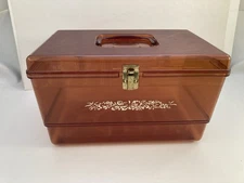 Vintage Amber Brown Plastic Wilson Wil-Hold Thread Chest Case Sewing Box 2 Trays