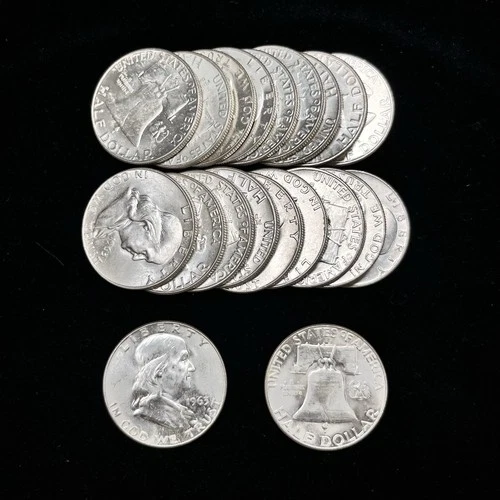 Tube Of (20) 1963 Franklin Half Dollars, BU 90% Silver Half Dollars