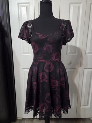Killstar Ebonrose Dress Floral Goth Emo Punk Black Roses Purple Short Sleeve XS