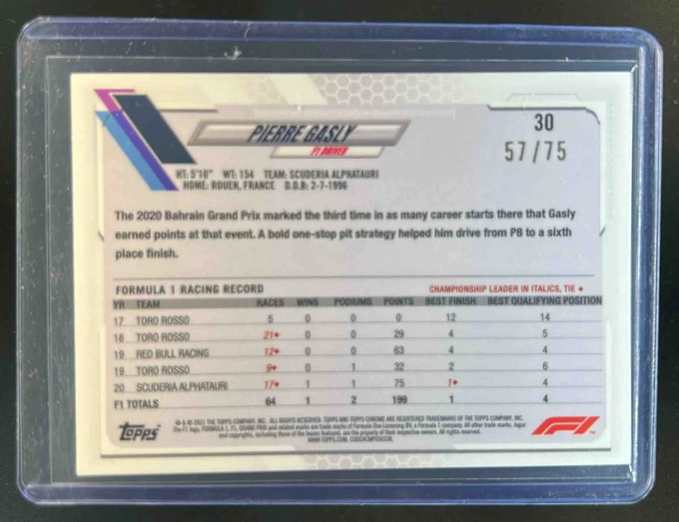 2021 Topps Chrome Sapphire Formula 1 Pierre Gasly Green #57/75 - Image 2 of 2