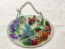 Amia Hand Painted Suncatcher Stained Glass Hummingbird Butterfly Flowers NEW