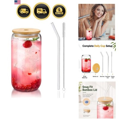 Glass Cups with Lids and Straws 1 Pack, 16 oz Glass Coffee Cup with Bamboo Li...