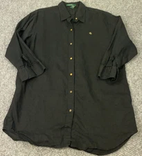 Ralph Lauren LRL Womens Linen Shirt Medium Black 3/4 Sleeve Blouse Top