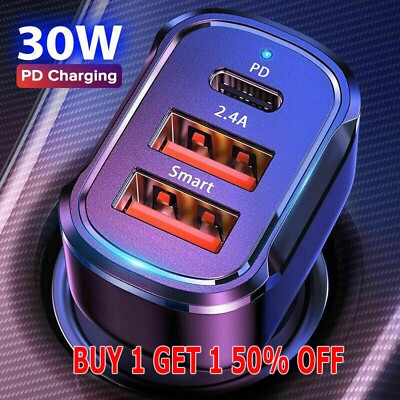 Dual USB PD Type-C Car Charger 30W Fast Adapter For iPhone 15 14 13 11 Pro Max