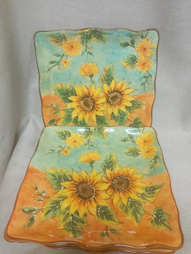 4 Maxcera Terra Cotta Sunflower Platter Plates 11.5” Square