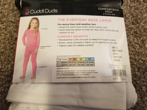 new 2 piece GIRLS CUDDL DUDS comfortech POLYESTER warmth 2T/3T - Picture 3 of 3