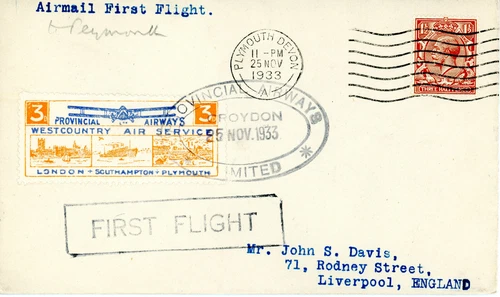 Great Britain Provincial Airways 3d FIRST FLIGHT Plymouth 1933 Croydon